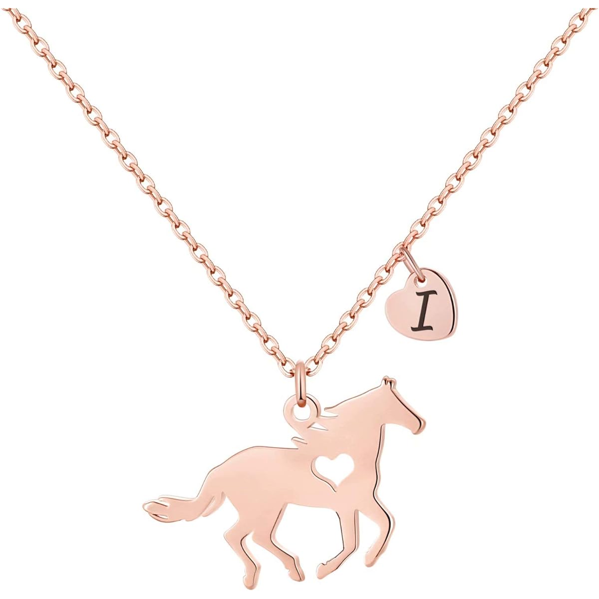 MONOOC Horse Necklace for Girls, Horse Necklace with Initial, Horse Lover Gifts, I Initial Necklace for Girls, Letter I Necklace, Horse Jewelry, Heart Alphabet Necklace for Girls