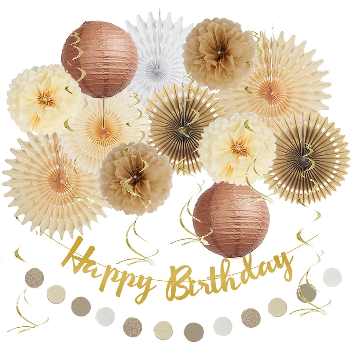 Brown Birthday Party Decorations Rustic Nature Birthday Decorations Brown Tan and Cream Tissue Pom Poms Fun Lantern with Happy Birthday Banner Gold Paper Circle Garland for Girls Women