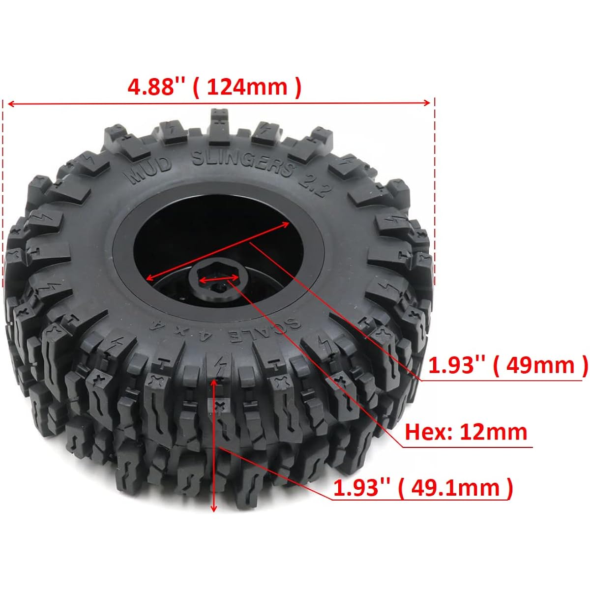 RC Crawler 2.2 Mud Slinger Tire Tire OD 124mm & Alum 2.2 Beadlock Wheel Rim 4pcs