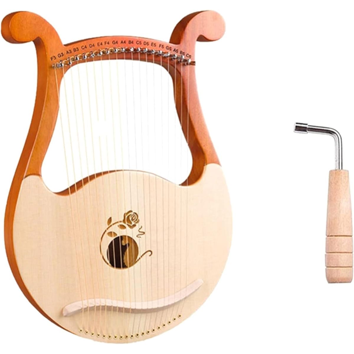 WowZza 19 String Wooden Lyre Harp with Unique Pattern Engraved Phonetic Symbols and Tuning Wrench, Harp Instrument