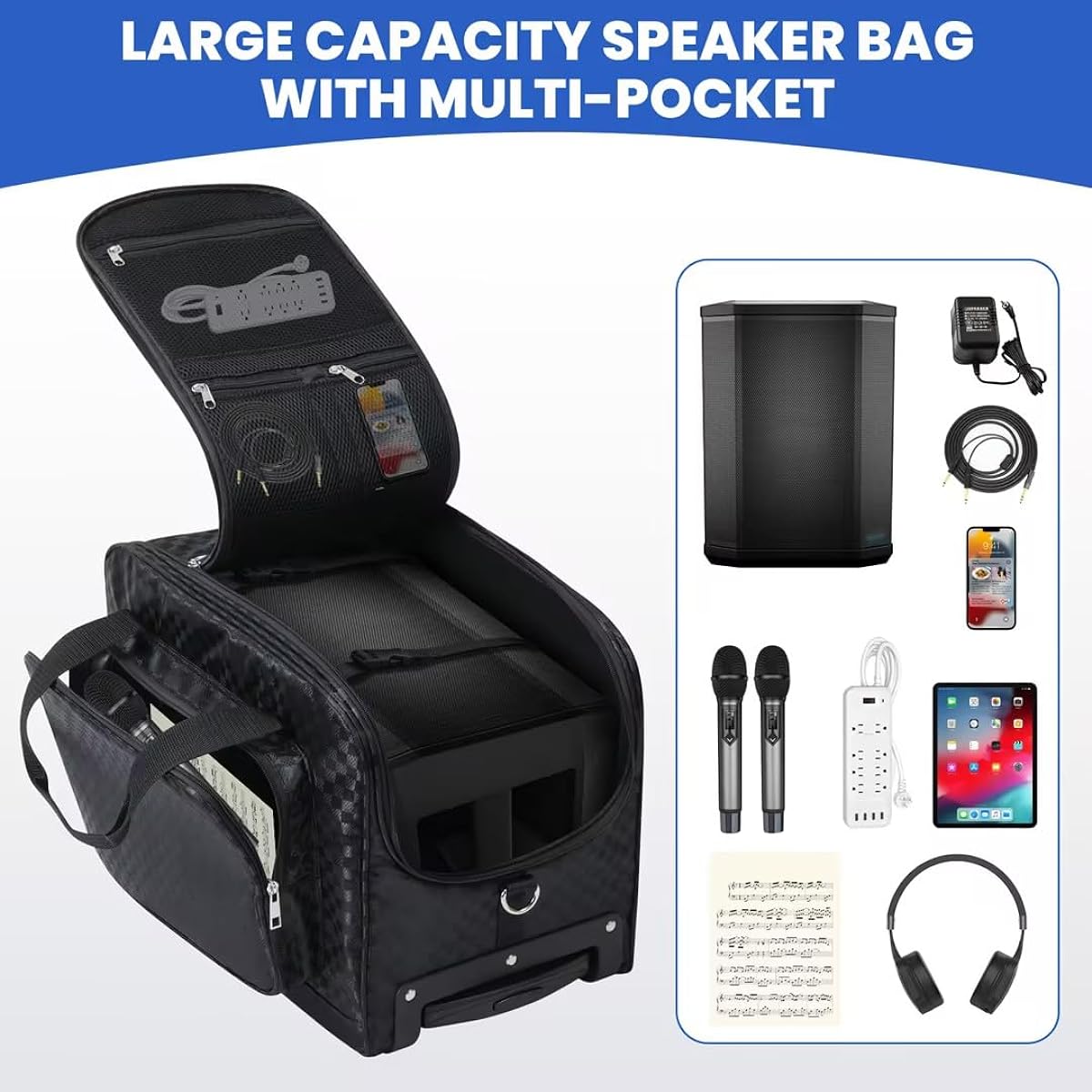 Aleemin Speaker Bag with Wheels for Bose S1 Pro, Rolling Speaker Carry Case with Multi Pockets and 2 Fixing Straps, Soft Padded Speaker Roller Bag for Bose S1 Pro & Accessories