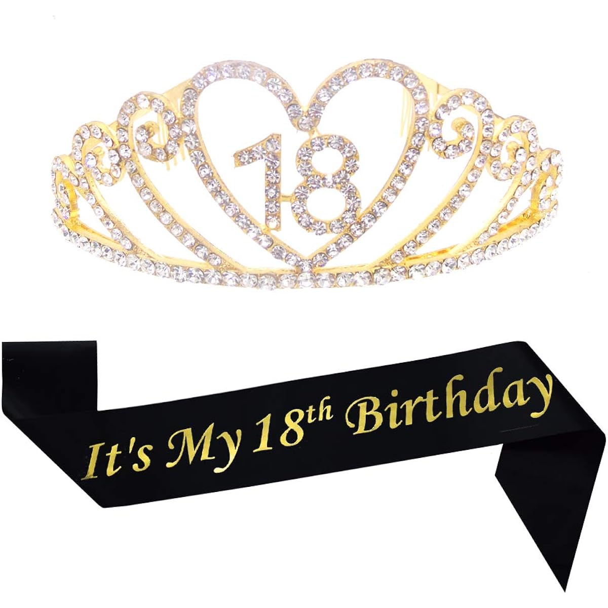 18th Birthday Gold Tiara and Sash, Sparkly Satin Sash and Crystal Rhinestone Tiara Crown, Happy 18th Birthday Party Supplies, Favors, Decorations, 18th Birthday Party Accessories