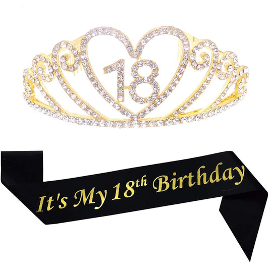 18th Birthday Gold Tiara and Sash, Sparkly Satin Sash and Crystal Rhinestone Tiara Crown, Happy 18th Birthday Party Supplies, Favors, Decorations, 18th Birthday Party Accessories