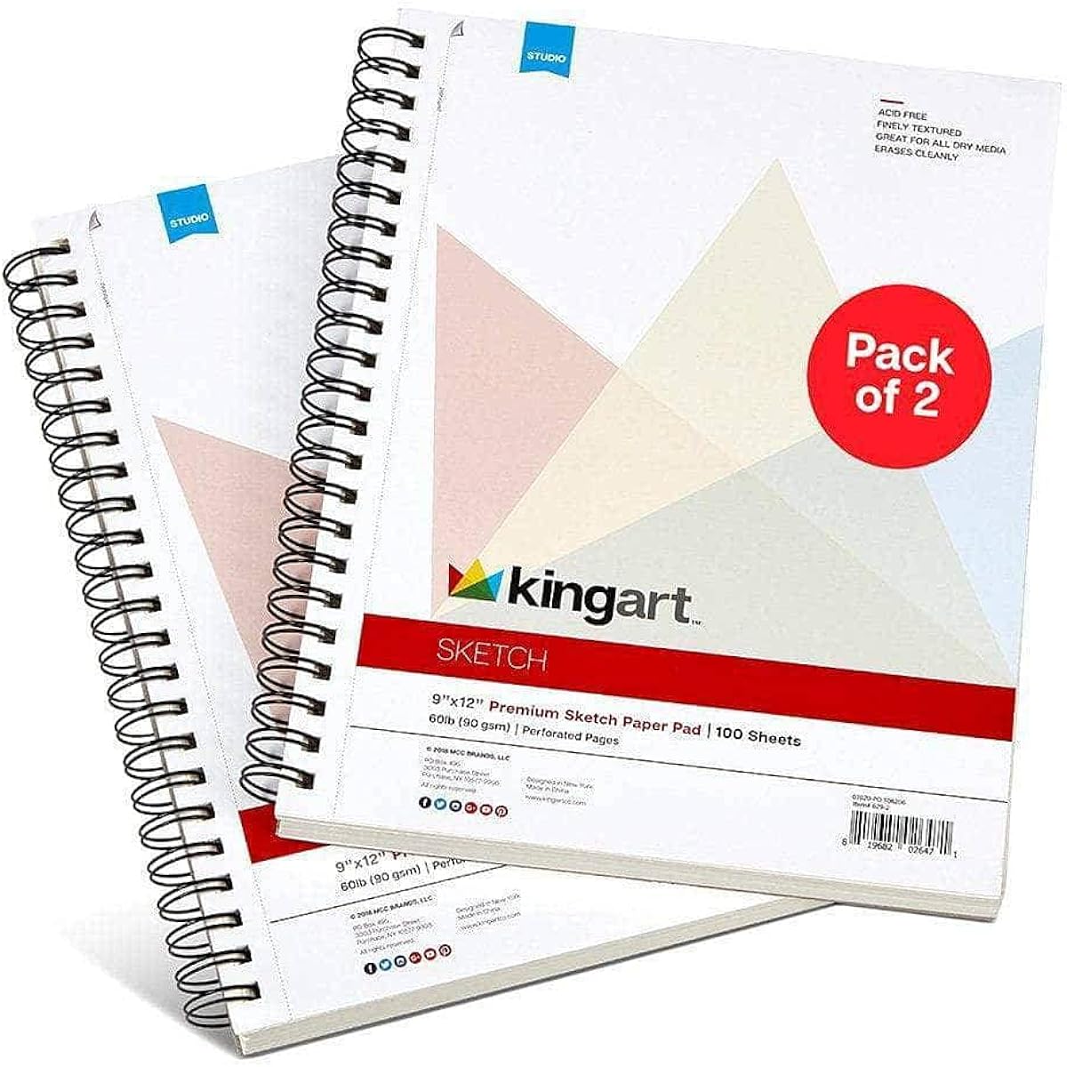 KINGART 2 Pack 60lb (90GSM) 9" x 12" Sketch Paper Pads, White, 2 Pack