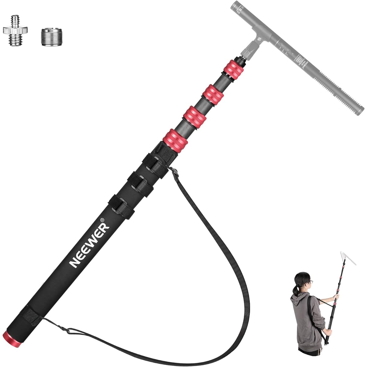 NEEWER New Edition Microphone Boom Pole 9.8ft/300cm Telescoping Carbon Fiber Microphone Boom Arm 5 Sections 1/4" 3/8" 5/8" Screw Adapter Cable Strap Shoulder Strap Storage Bag MS-300CR (Red)