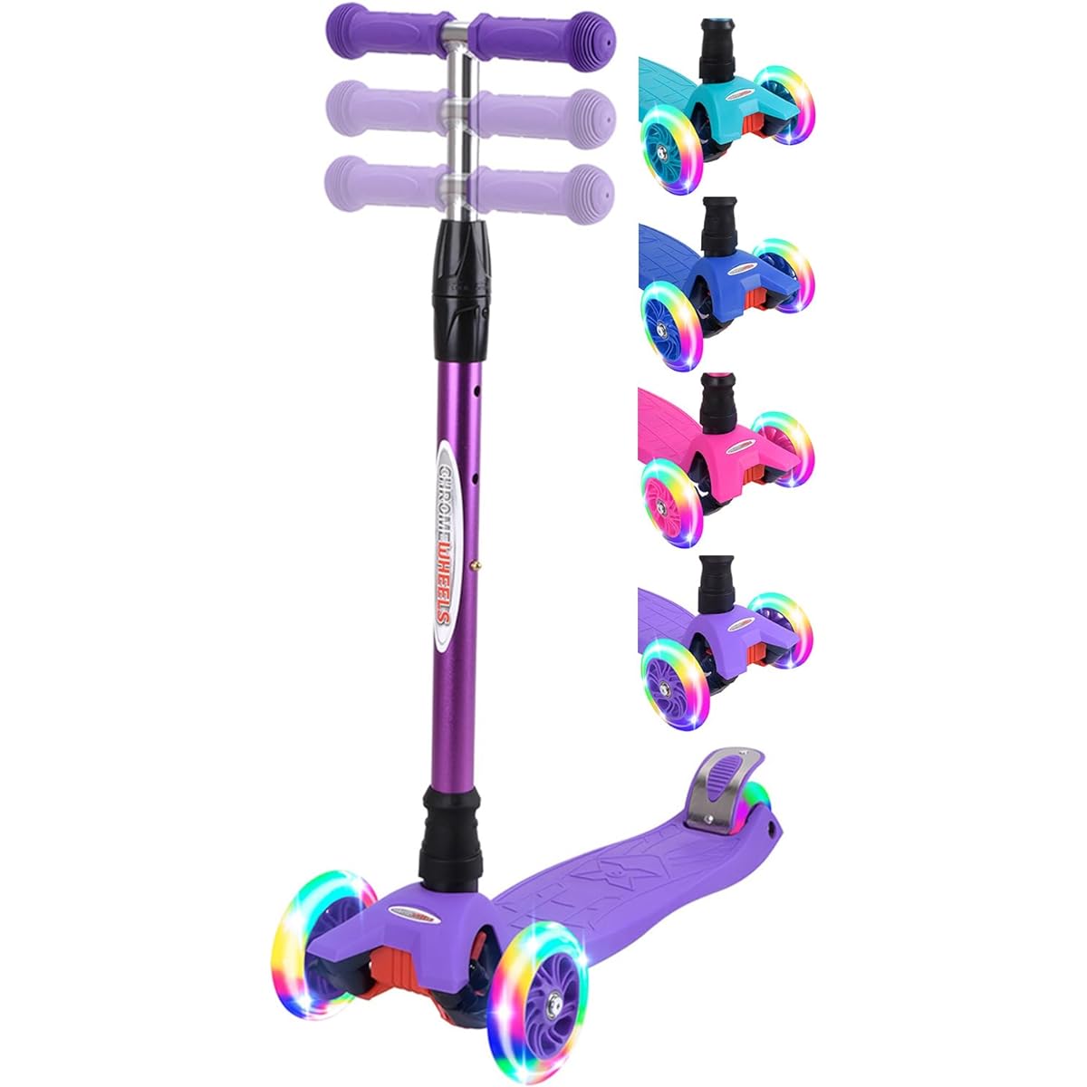 ChromeWheels Kids Scooter, Deluxe Kick Scooter, 4 Adjustable Height, 132 lb. Weight Limit, 3 Wheels, Tilt and Steer LED Light Up Wheels, Great Gift for Girls and Boys Ages 3-12, Purple