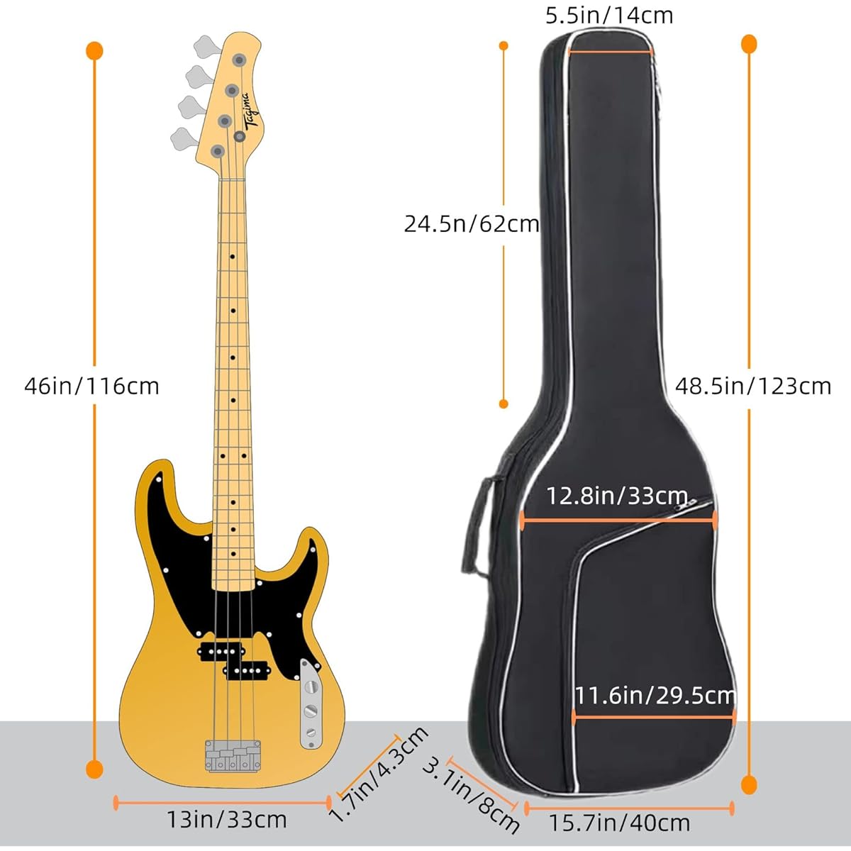 GIGKOUKI Bass Guitar Bag Gig Bag 0.35 Inch Backpack Padded Soft Case Padded Black Electric Bass Case with Back Hanger Loop and Neck Strap, Black///White, Classic