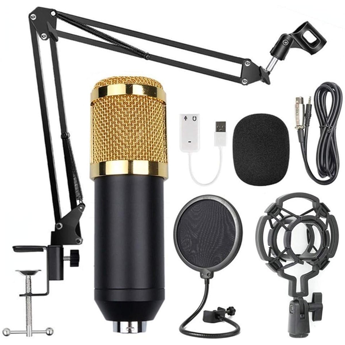 BM800 Professional Suspension Microphone Kit Manufacturer Live Stream Broadcast Recording Condenser Microphone Set High Sensitivity (Color : Black+golden)