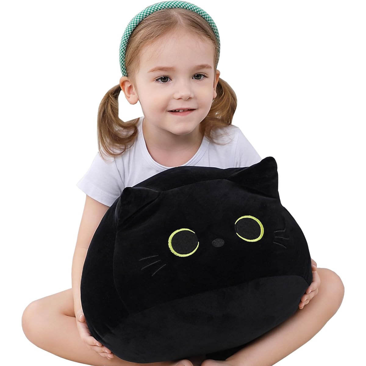 OurHonor Black Cat Plush Toy, 15.7 Inch Stuffed Animal Plush Black Cat Plush Toy Giant Soft Cute 3D Cat Pillow Doll Toy Birthday Christmas Halloween Valentine Gift Home Decoration