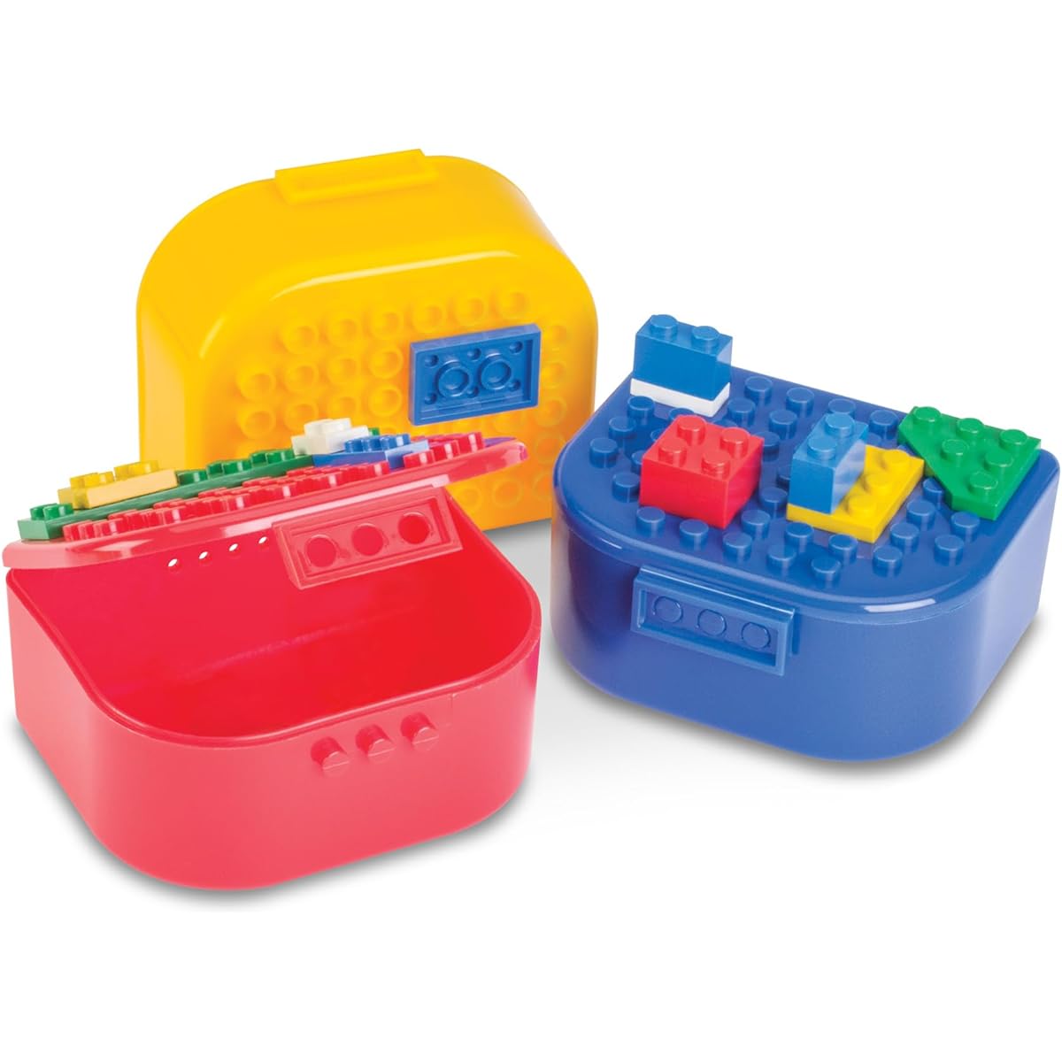Building block storage and display box, snap closure, small item storage, mini figures, top and bottom connection possible, set of 3
