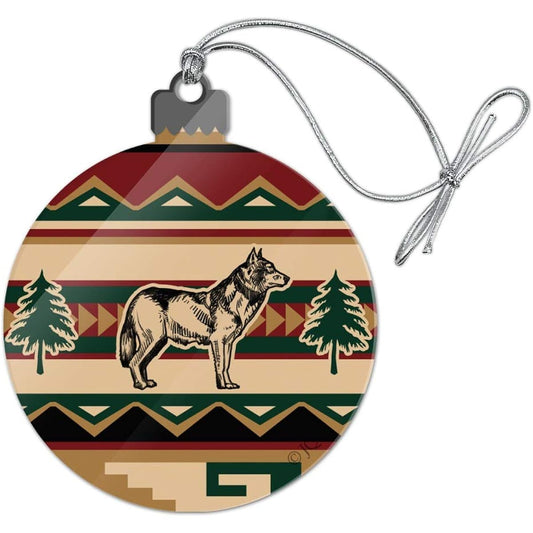 Wolf Wolf Southwest Native American Red Green Pattern Acrylic Christmas Tree Holiday Ornament