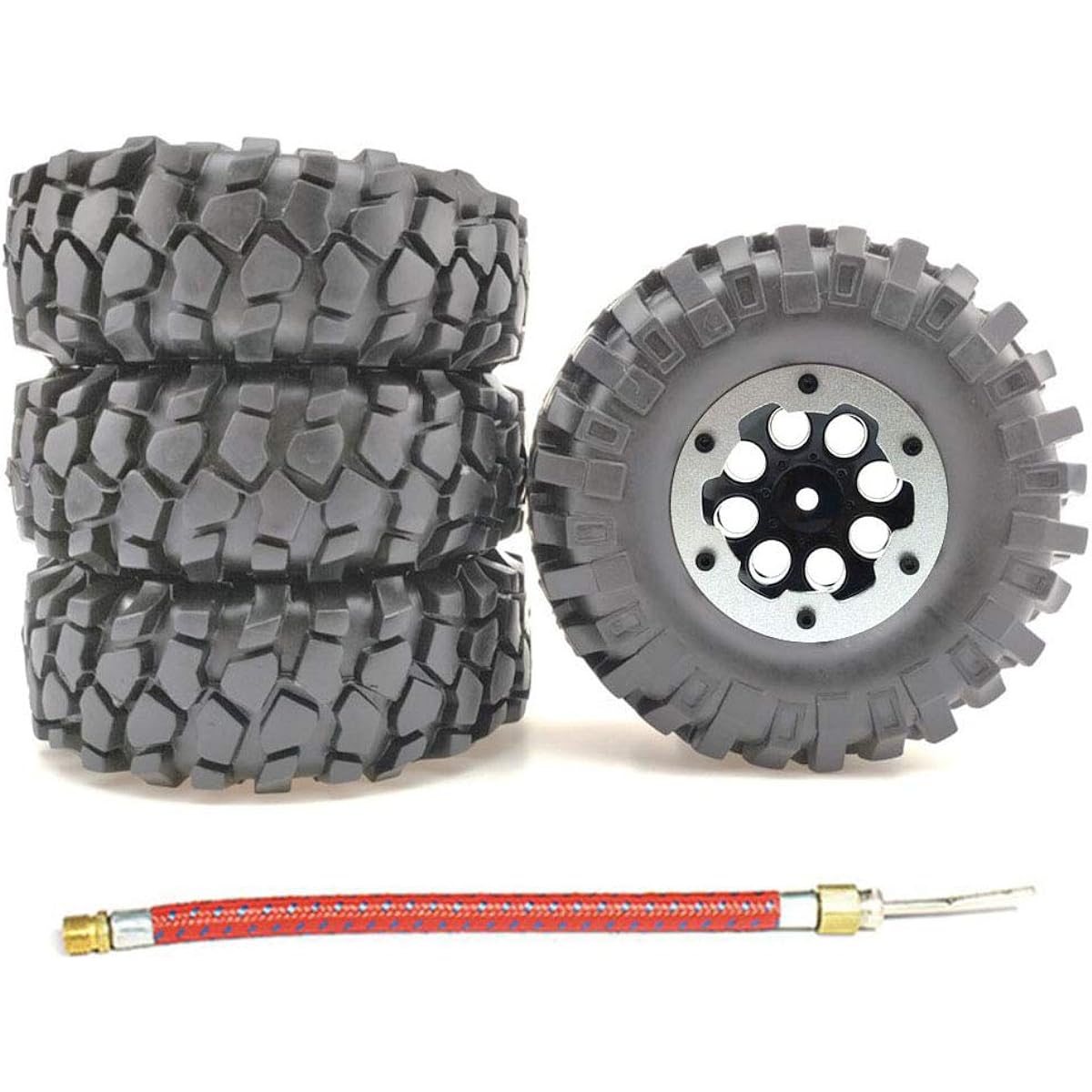 LAFEINA 96mm 1.9" RC Crawler Tires and Beadlock Wheels Set for 1/10 RC Crawler Axles SCX10 Tamiya CC01 D90 (Silver)