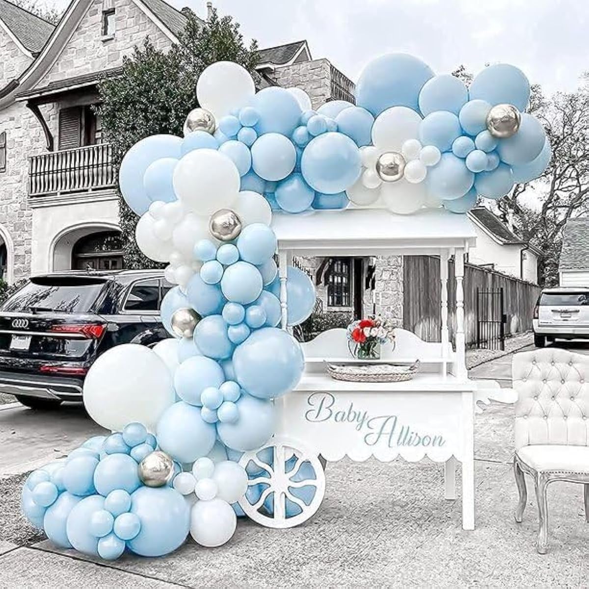 FLORA GRACE Balloon Garland Arch Kit - 146 Pieces Stunning Baby Blue Silver and White Party Decorations - Latex Balloon Strip Tape & Glue Dots for Birthday, Wedding, Baby Shower, Events