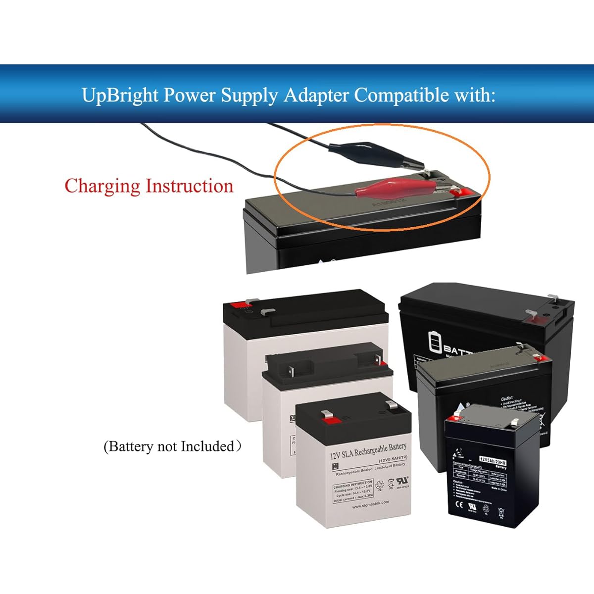 UpBright 12V AC/DC Adapter Alligator Clip Smart Charger PowerStar F120-010-W Peg Perego 12 Volt 1.2Ah 4Ah 5Ah 6Ah 7Ah 8Ah 9AH Sealed Lead Acid SLA Battery Power Cord Cable
