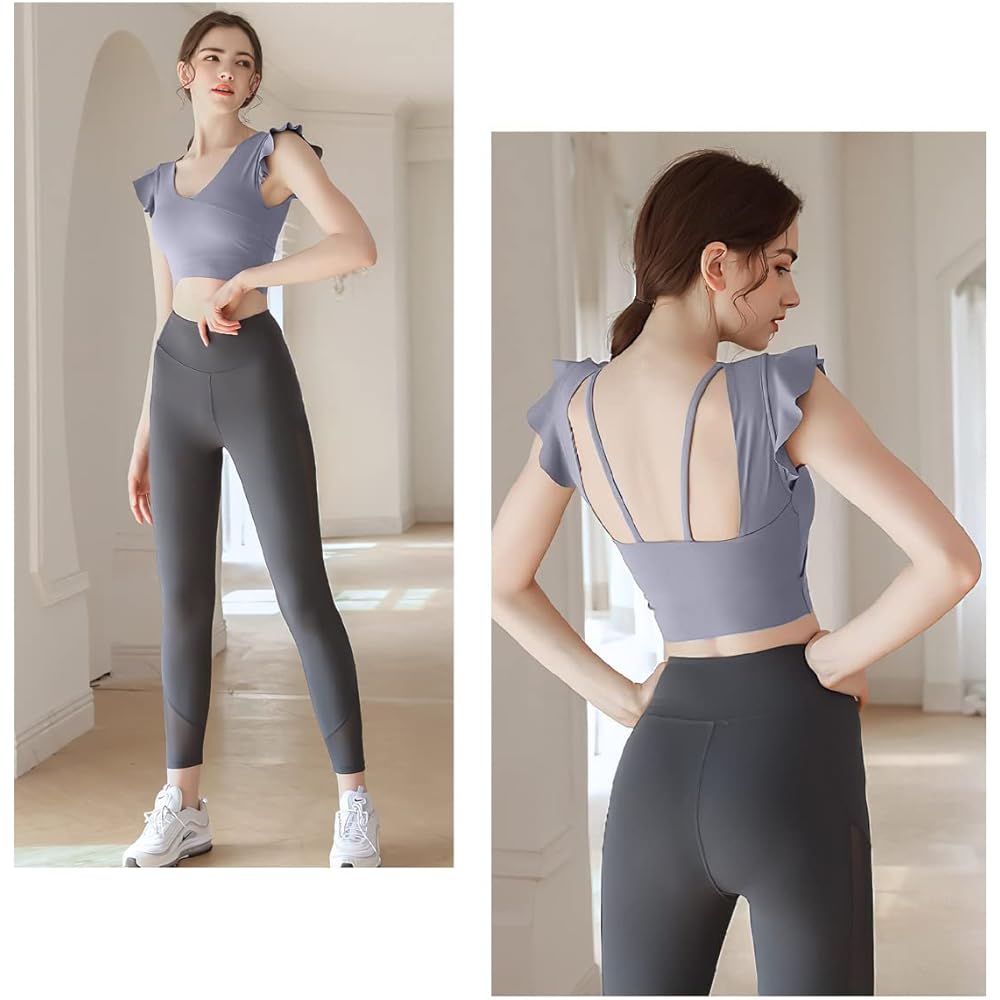 [VeroMan] Yoga Wear Tops with Cups, Short Sleeves, Cute, Ruffles, Short Length, Fitness, Ballet ppi-ssd12