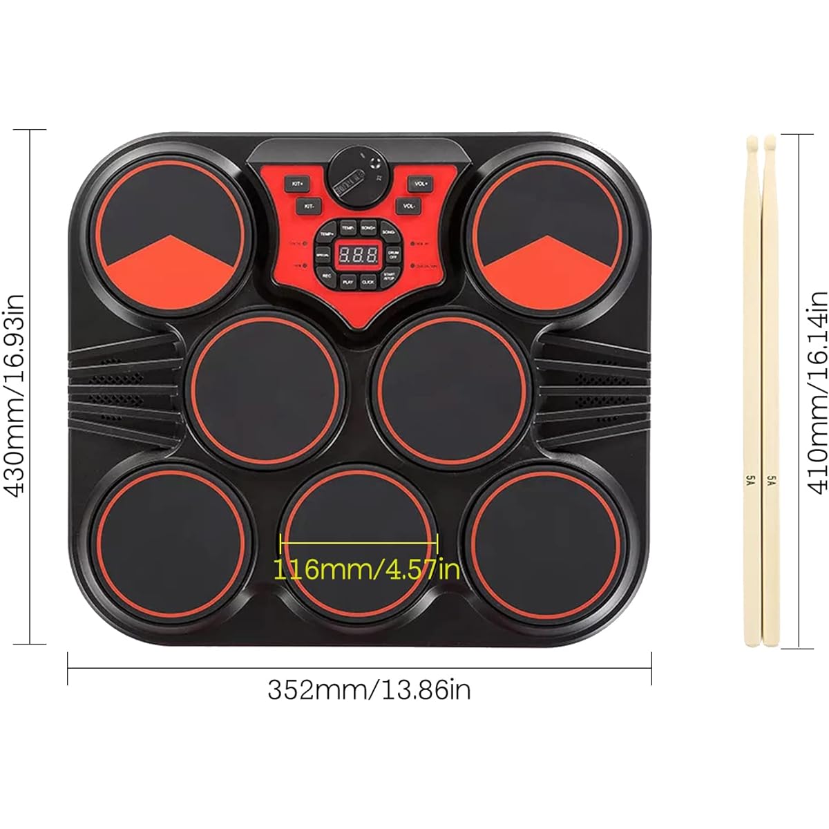 BUZHI Portable Drum Set, Tabletop Electronic Drum, USB/Battery Operated, 7 Pads, Portable Drum Set, Built-in Speaker, Rechargeable Lithium Battery, 2 Drumsticks, Kids, Children, Beginners, Foot Pedal