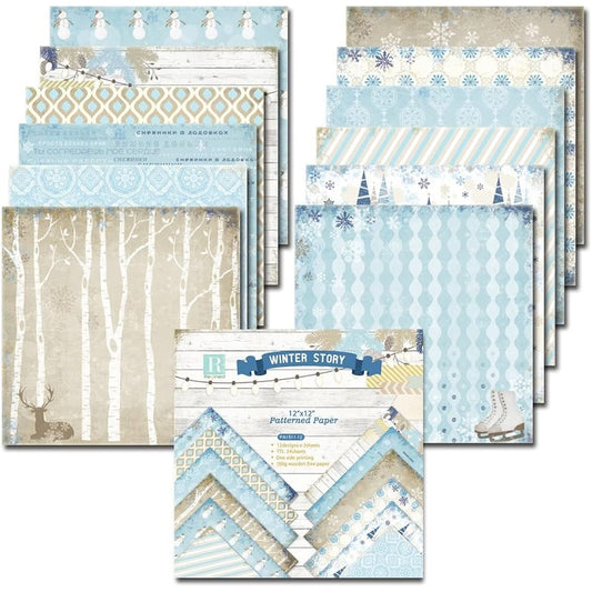 12" x 12" Winter Snow Flower Tree Deer Snowman Decorative Craft Paper Pads 24 Sheets Single Sided Scrapbook Paper 160GSM Scrapbook Card Making Album Supplies