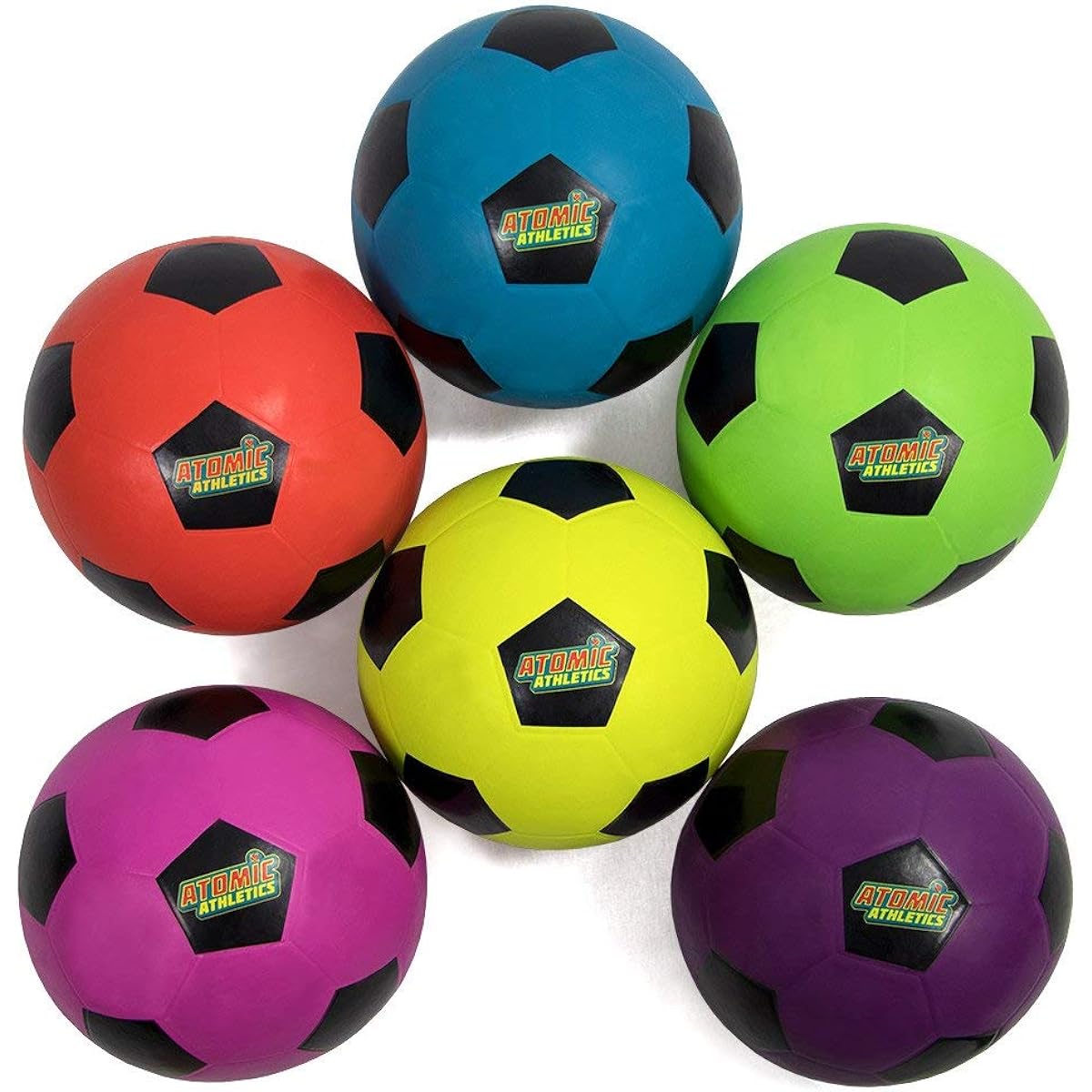 K-Roo Sports Atomic Athletics Neon Rubber Playground Balls - Pump & Storage Bag Included - Soccer 6 Pack Regulation Size