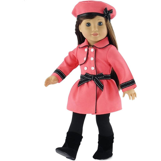 18 Inch Doll Clothes | Lovely Coral and Black Traveling Coat Outfit, Includes Leggings, Hat and Boots | Fits American