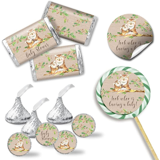Amanda Creation "Guess Whooo" Owl Gender Neutral Baby Shower Sticker Bundle Kit - 429 Pieces!!! 60 2" Circle Stickers for Favors & Goodie Bags, 45 Mini Candy Bar Wrappers & 324 Round Candy Kiss Stickers