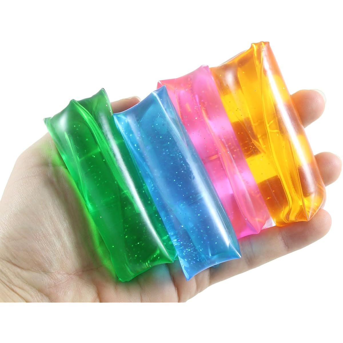 Set of 4 Tiny Glitter Water Trick Snakes - Stress Toys - Slippery Tricky Wiggler Tubes - Squeeze Wiggler Sensory Fidget Balls No Holds