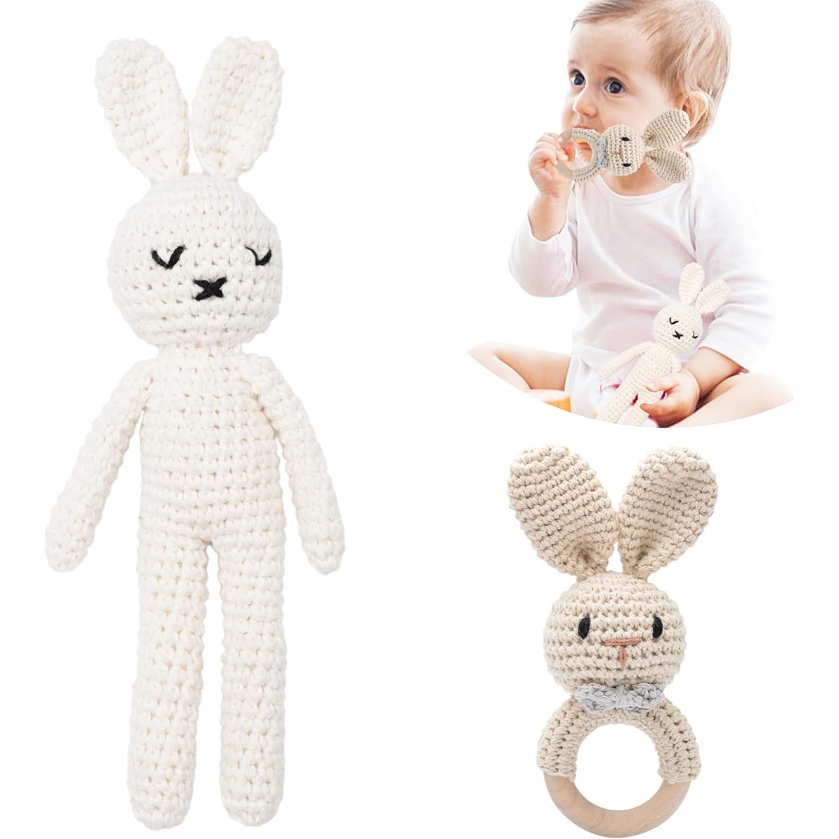 Wooden Baby Bunny Rattle & Crochet Doll Stuffed Animal Rabbit Plush Toy for Newborn | 100% Handmade Toddler Soothing Toy, Sensory & Early Grip Development, Thanksgiving Gift