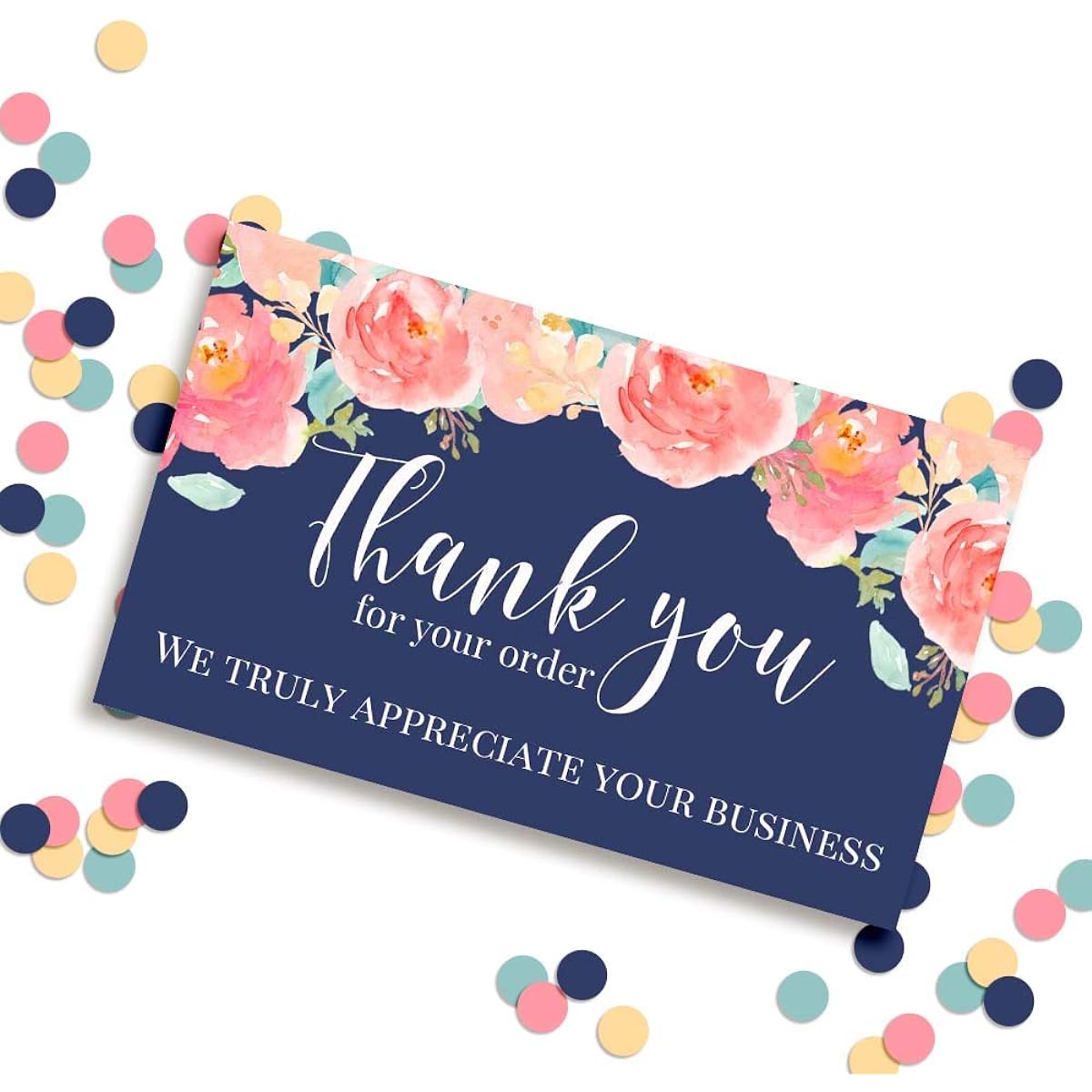 AmandaCreation Watercolor Floral Navy Background Thank You Customer Appreciation Package Inserts for Small Businesses 2" x 3.5" Single Sided Insert Cards, 100 Count