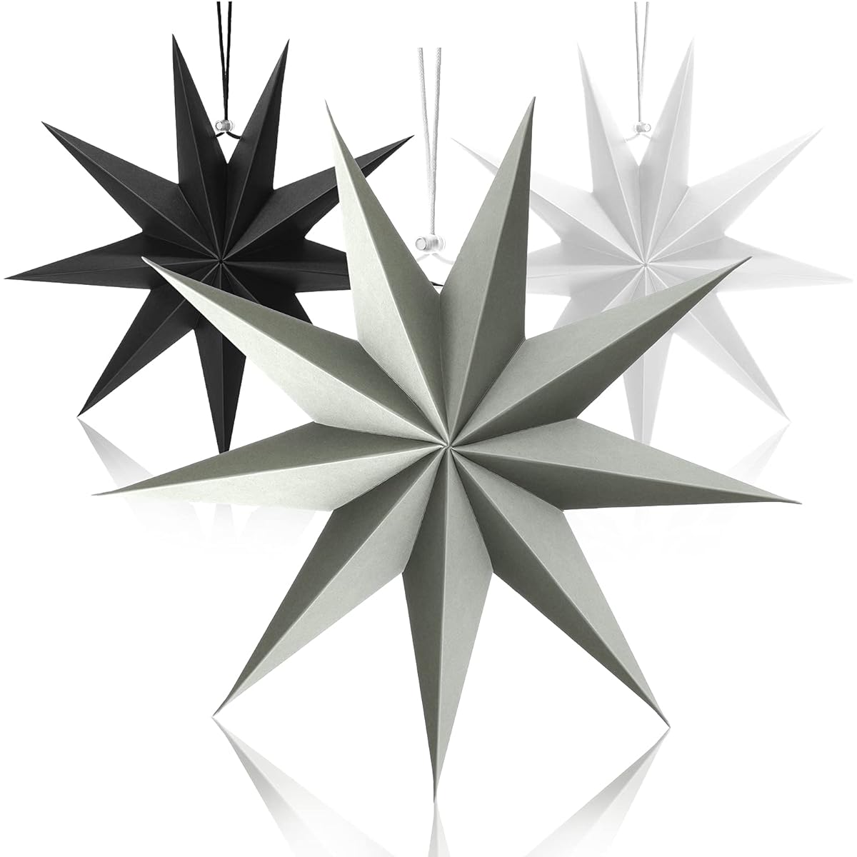 3pcs 9 Pointed Paper Star Lantern 12 Inch Hanging Lampshade Paper Star Pendant Charm Star Shape Christmas Holiday Wedding Birthday Party Celebration Decorations (Black, White, Gray)
