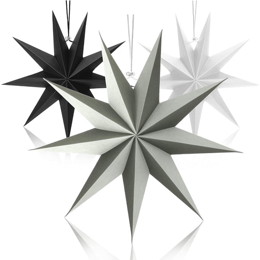 3pcs 9 Pointed Paper Star Lantern 12 Inch Hanging Lampshade Paper Star Pendant Charm Star Shape Christmas Holiday Wedding Birthday Party Celebration Decorations (Black, White, Gray)