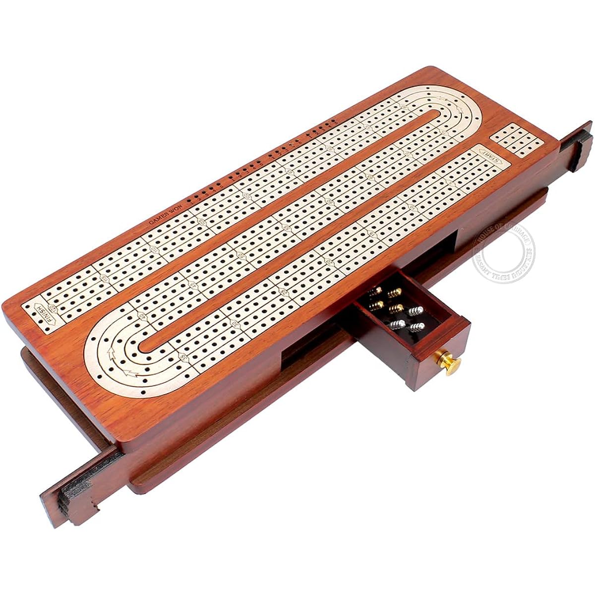 House of Cribbage - Continuous Cribbage Board, 4 Lines, Bloodwood/Maple, with Slide-out Lid and Drawer for Card & Peg Storage