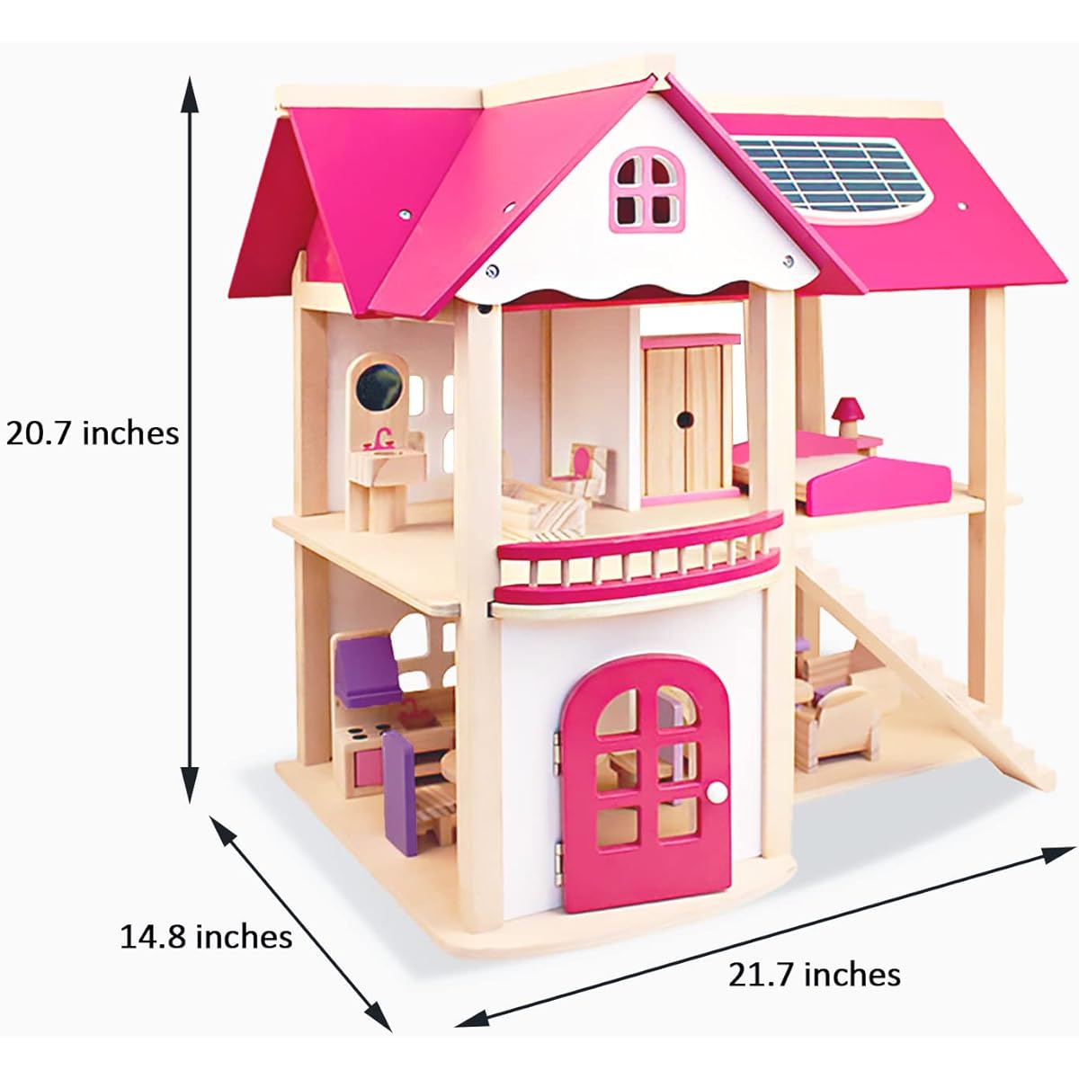 SoQte Doll Wooden House Doll House with 4 Dolls and 19 Wooden Furniture, Toy Gift for Toddlers Ages 3+, Birthday Gift