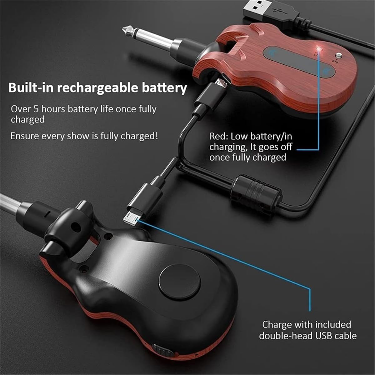 Wireless Guitar System 5.8GHz wireless guitar system Built-in rechargeable battery 300ft transmission range