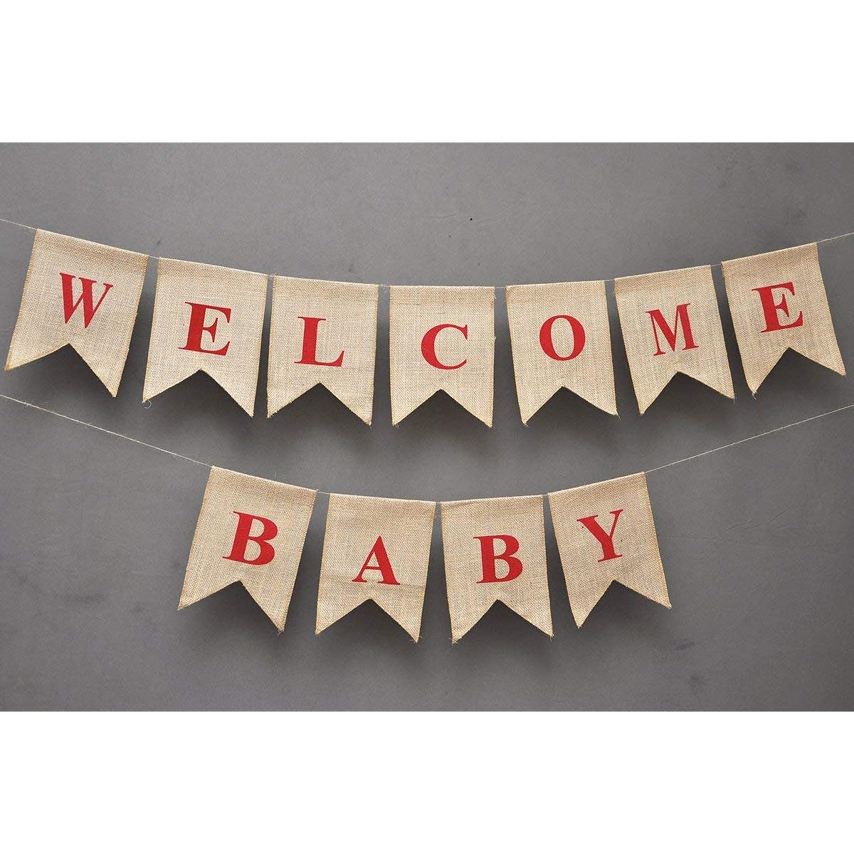 (WELCOME BABY) - WELCOME BABY Burlap Banner - Elegant Baby Shower Flag Banner - Pink / Blue feet Welcome - Ornate Welcome Baby Home Decor - Pregnancy Reveal Photo Prop B_BAN_27