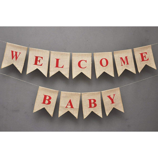 (WELCOME BABY) - WELCOME BABY Burlap Banner - Elegant Baby Shower Flag Banner - Pink / Blue feet Welcome - Ornate Welcome Baby Home Decor - Pregnancy Reveal Photo Prop B_BAN_27