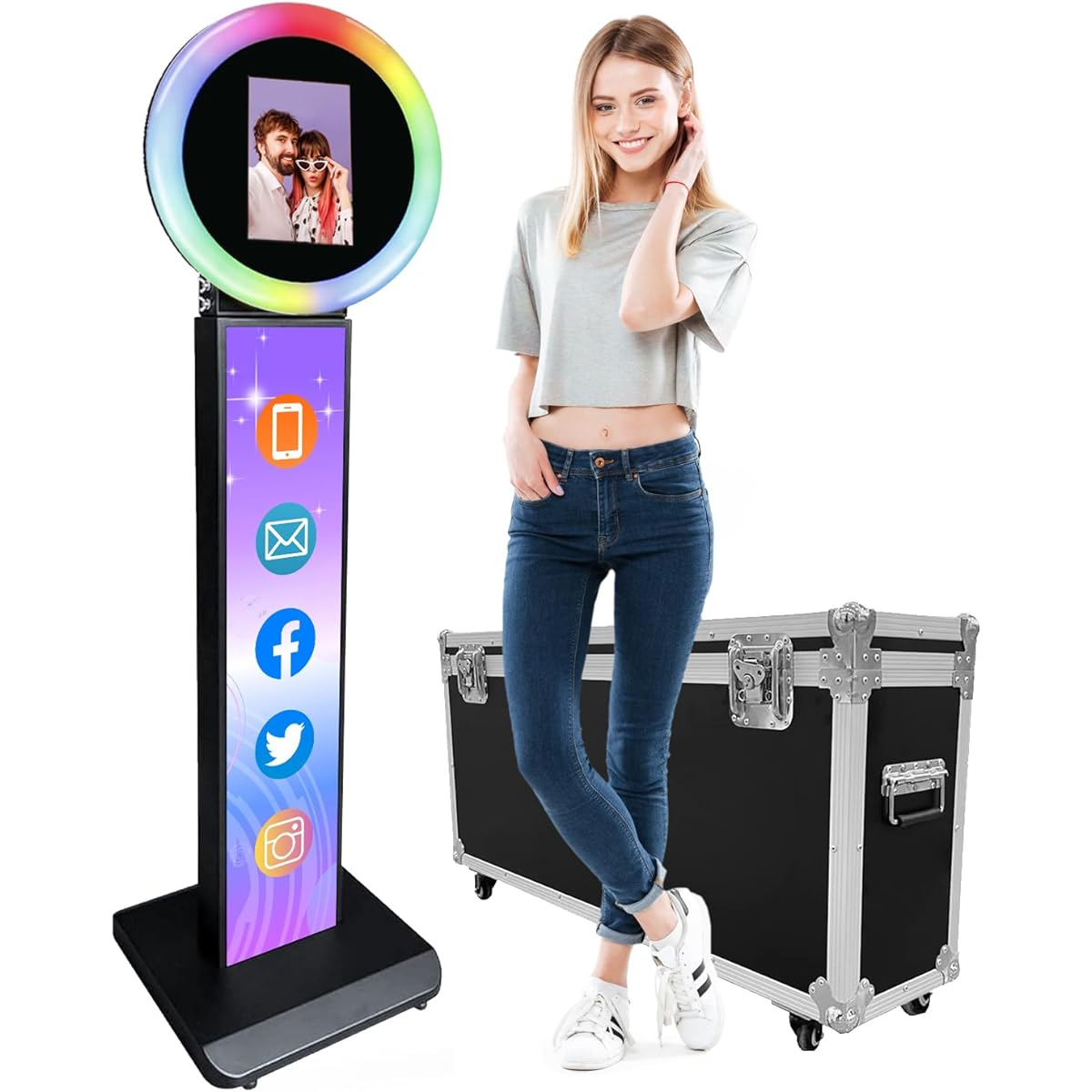 DIOSTA Portable 12.9" iPad Pro Photo Booth Machine Metal Shell iPad Stand Selfie Photo Booth with Advertising Light Box Free Custom Logo RGB Ring Light Flight Case for Party Rental Business