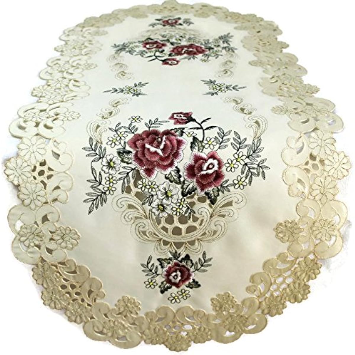 Table runner embroidered with a red burgundy rose on ivory fabric, size 70 x 15 inches