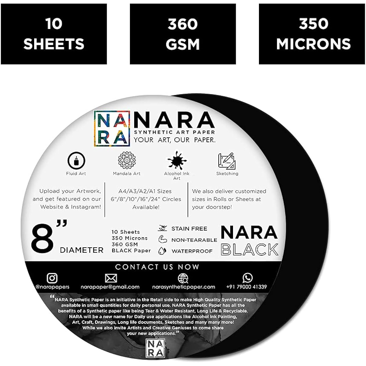NARA | Alcohol Ink Paper | Black Paper for Alcohol Ink Painting | 8" Diameter Circle | 350 Micron/360GSM | Medium+ Paper | 10 Sheets | 100% Smudge Proof