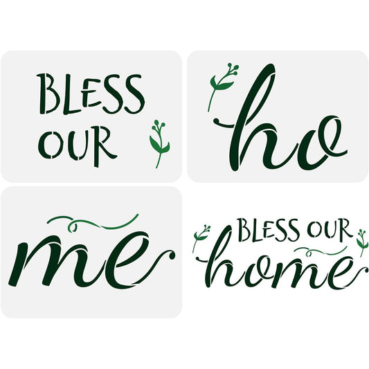 FINGERINSPIRE Bless Our Home Sign Stencil, 11.7x8.3inch Large Home Decor Stencil Template Plastic Letter and Leaf Pattern Stencil Reusable Letter Word Stencils for Wall Wood Porch Sign