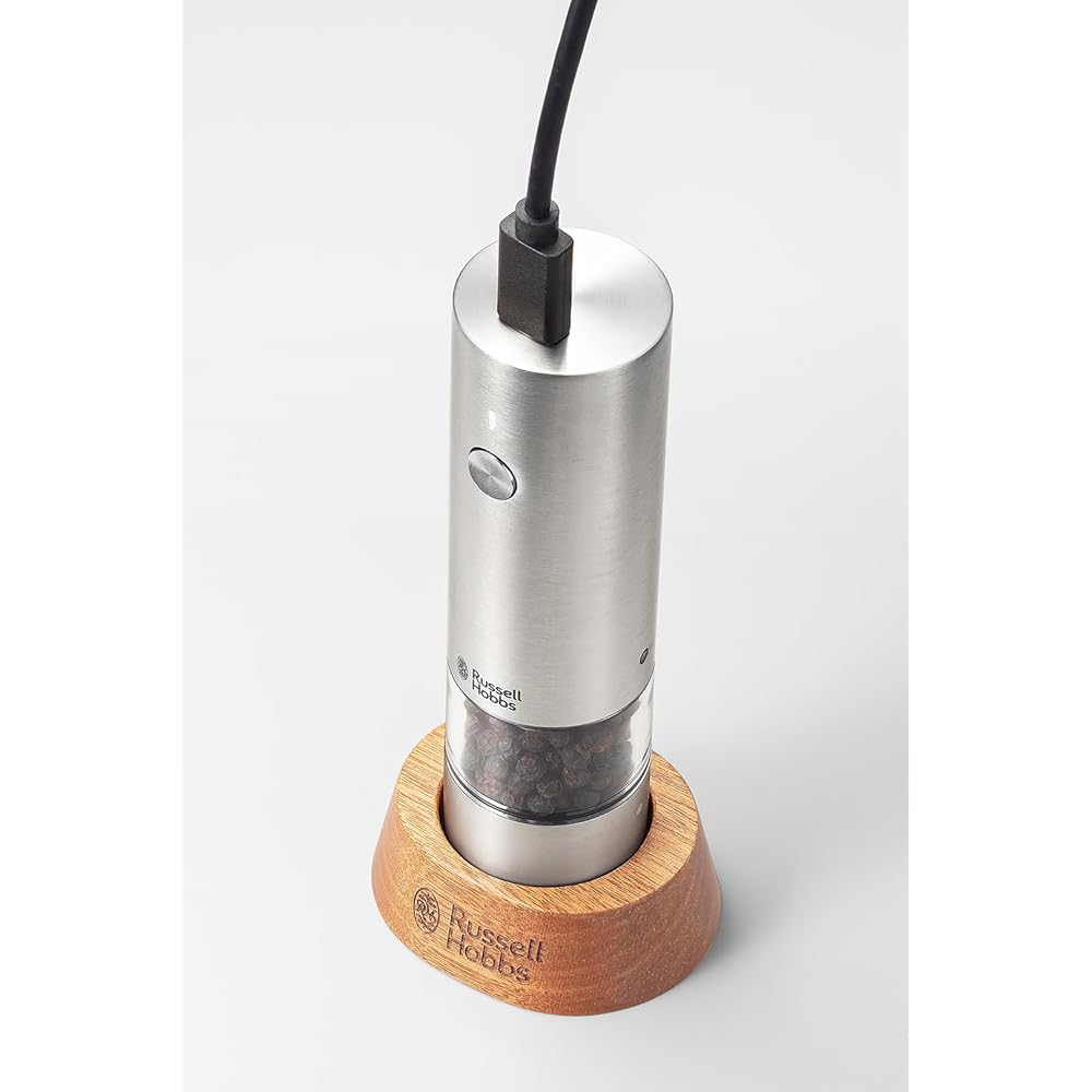 Russell Hobbs Electric Mill Salt & Pepper Rock Salt Pepper Spices Adjustable Coarseness Set of 2 Mini Size Silver 7933JP