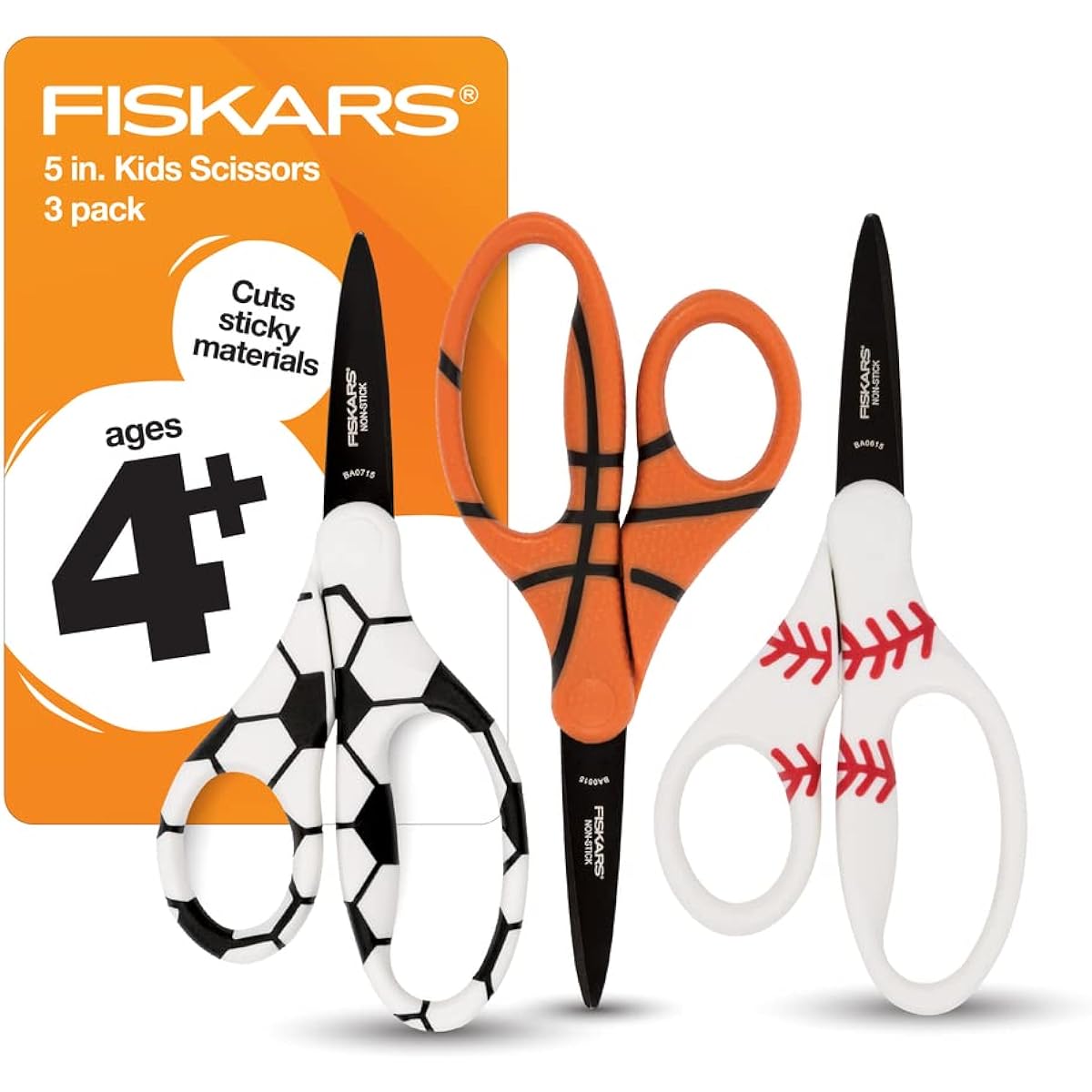 Fiskars Kids Scissors School Scissors Sharp Tip Scissors 5" Sport MVP Non-Stick Blades 3 Pack for Soccer/Baseball/Softball/Basketball