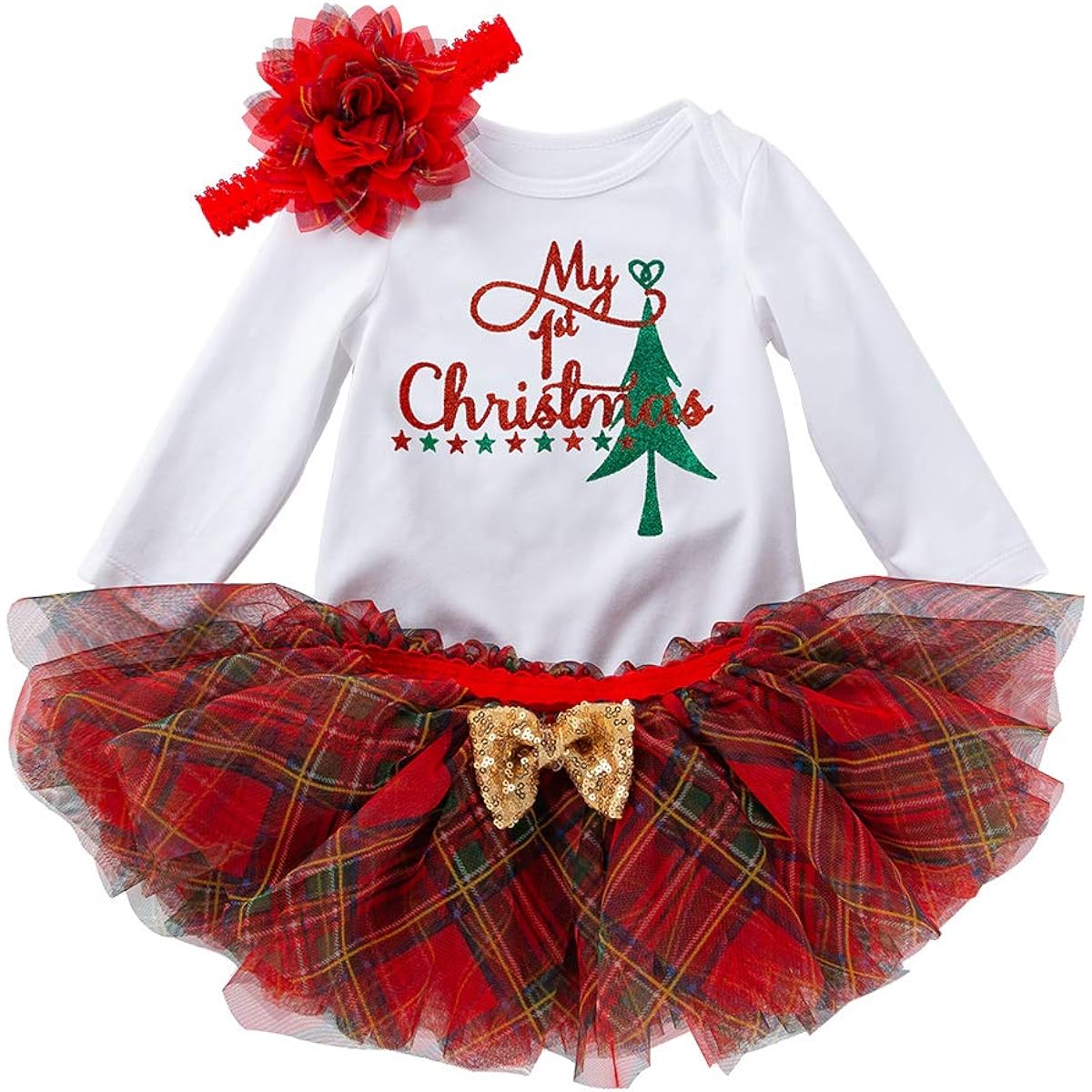 WINZIK Baby Girl's First Christmas Outfit Set Party Costume Tutu Dress Bodysuit Romper Pants 0-24M Gift