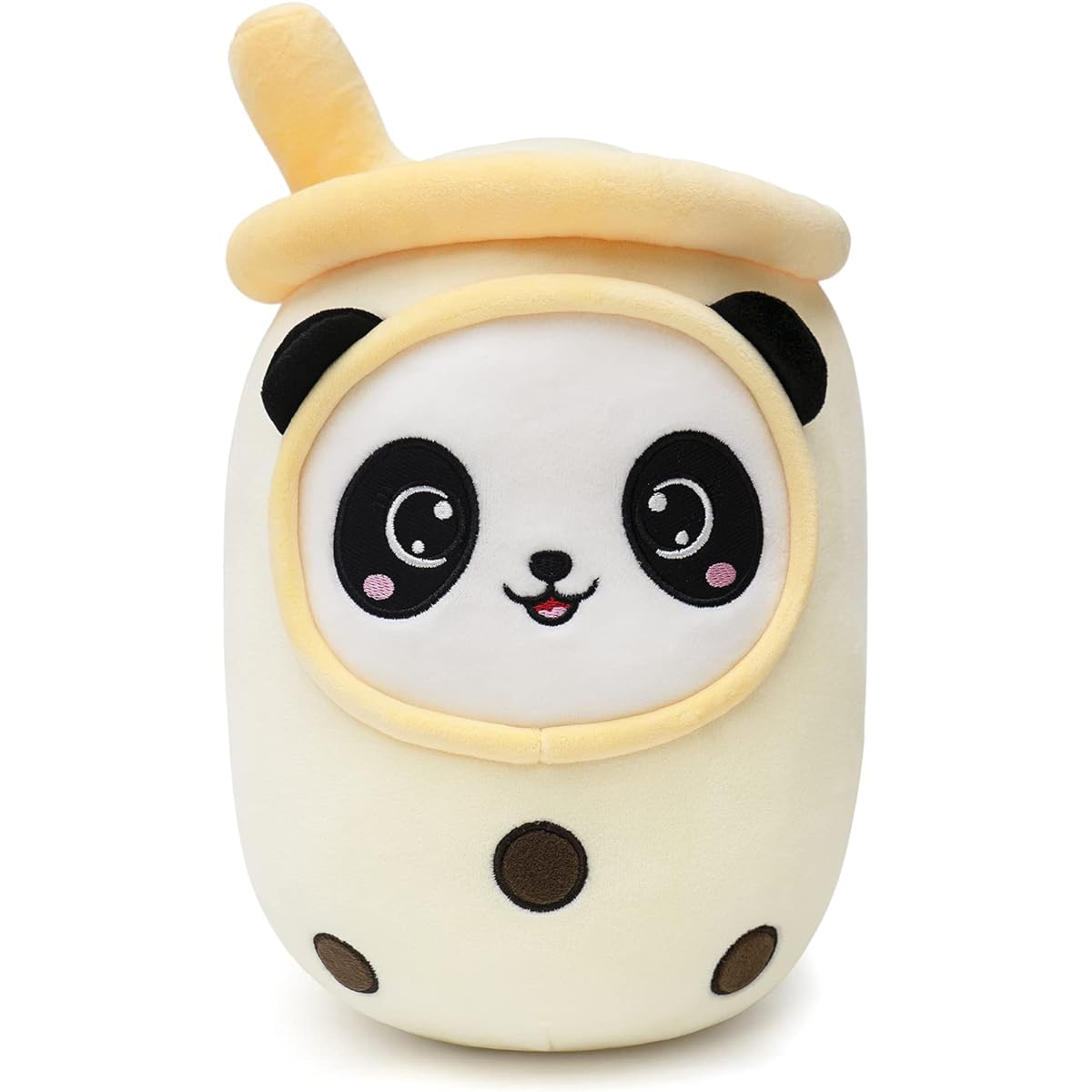 NiuniuDaddy Boba Plush Panda Face - 13.7" Large Yellow Cream Bubble Tea Straw Stuffed Animal - Soft Kawaii Milk Teacup Plush Pillow for Kids - Machine Washable Medium Size