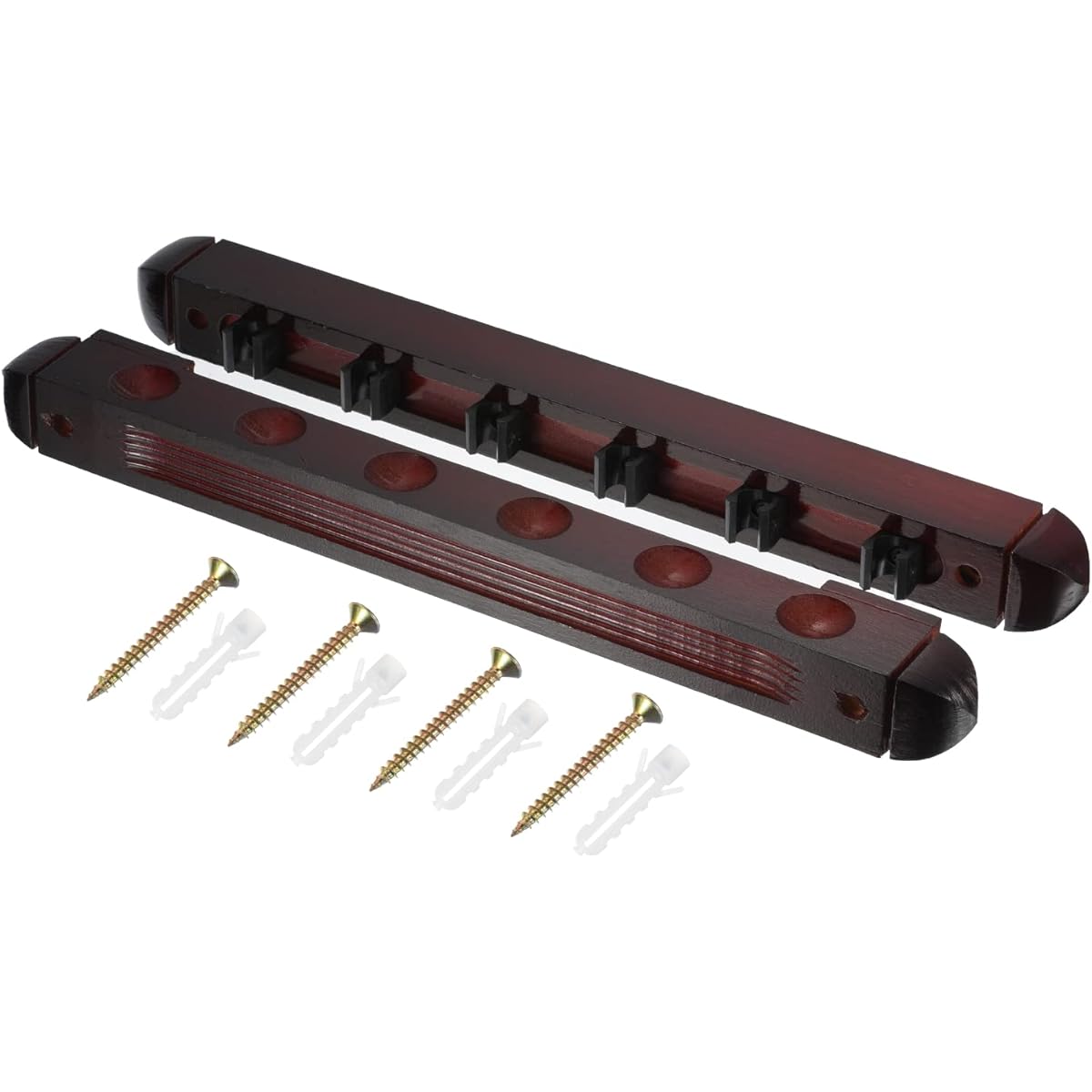 PATIKIL 6 Cue Pool Cue Rack, Wooden Billiard Stick Rack, Wall Mounted Cue Stick Holder with 6 Cue Clips, Red