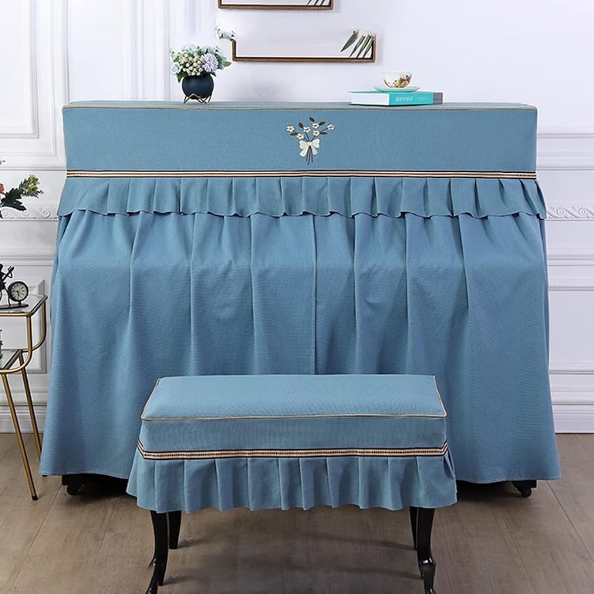 Blue Full Piano Cover, European Style Vertical Piano Dust Cover Piano Stool Cover Decorative Fabric Vertical Piano Universal Piano Length 148~153cm Universal (Size : Stool Cover 78*38cm)