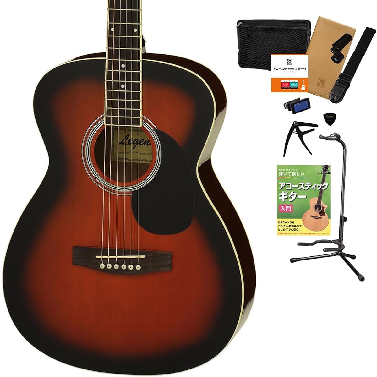LEGEND FG-15 BS Acoustic Guitar, 12-piece Select Set with Textbook, Beginner Set, OOO Size, Legend