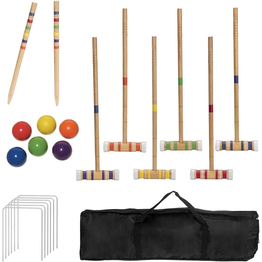 aleawol Kids Beginner Gateball Stick Head Case Set Wooden Croquet Set for 6 Players with Mallets, Colored Balls, Wickets, Stakes and Tote Bag Classic Backyard Lawn Recreation Game Suitable for Adults Kids Family
