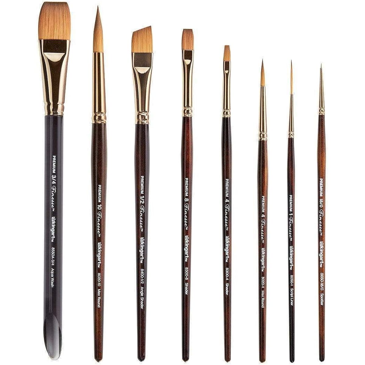 KINGART 1010A Finesse - Synthetic Kolinsky Sable - 8 Piece Paint Brush Set Assortment Gold Brown