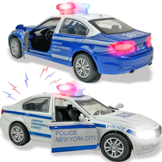 2 Pack Metal Diecast NY Police Car Pull Back Battery Powered with LED Headlights and Siren Sound 1:32 Scale