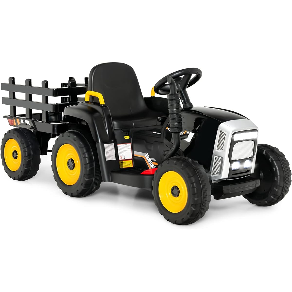 HONEY JOY Ride On Tractor with Trailer 12V Electric Car for Kids, 3 Gear Shift Ground Loader with LED Lights, Horn, Music, Battery Powered, Car Remote Control, Boys Girls Gift (Black)