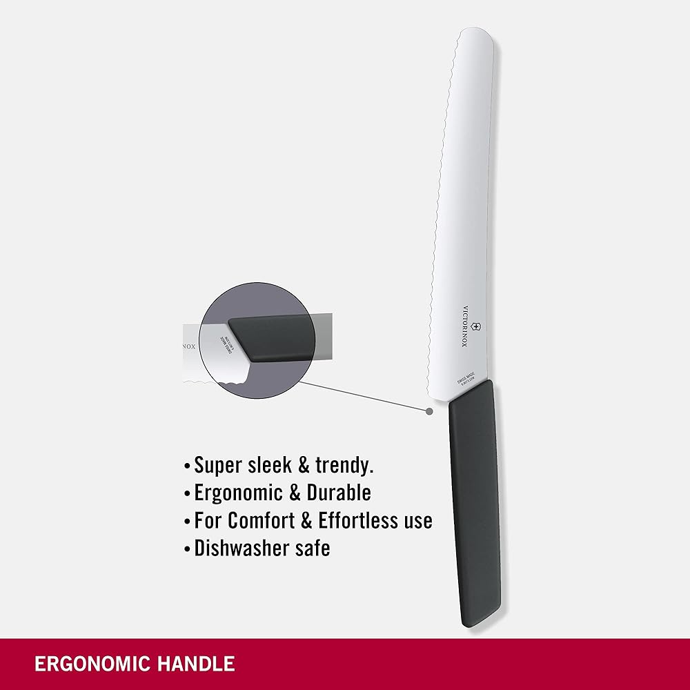 VICTORINOX Bread & Pastry Knife Black 22cm Wave Blade Swiss Modern Bread Knife Bread Cutting Knife 6.9073.22WB
